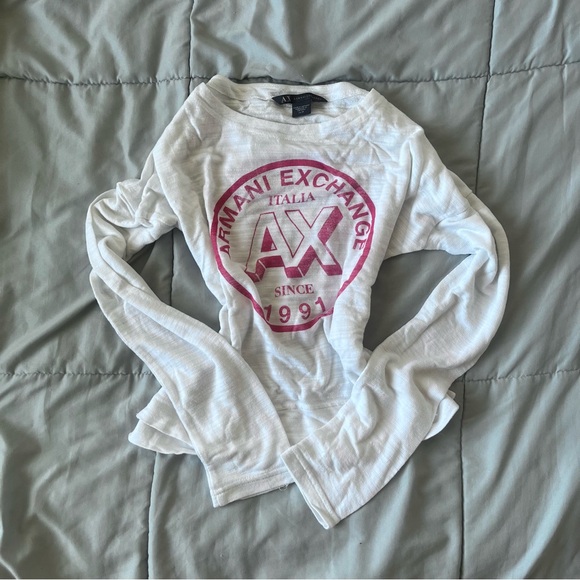 armani exchange flowy long sleeve logo top in white - Picture 1 of 3